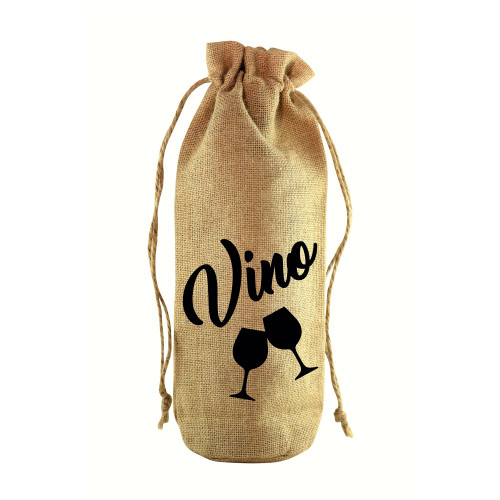 16" Brown and Black Printed "Vino" Jute Wine Bottle Sack - IMAGE 1