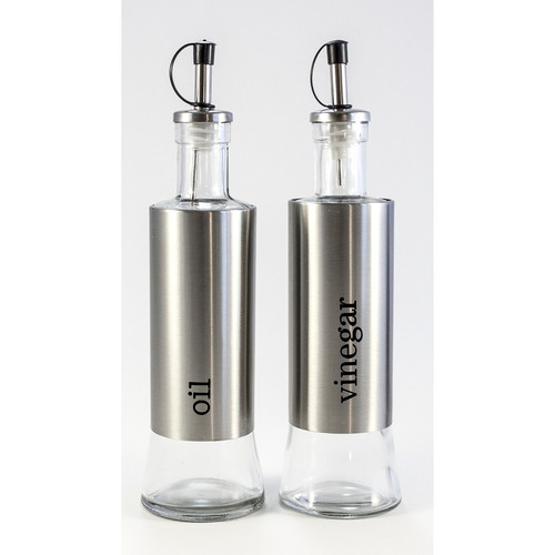 Set of 2 Oil and Vinegar Glass and Stainless Steel Cruets 9.75" - IMAGE 1