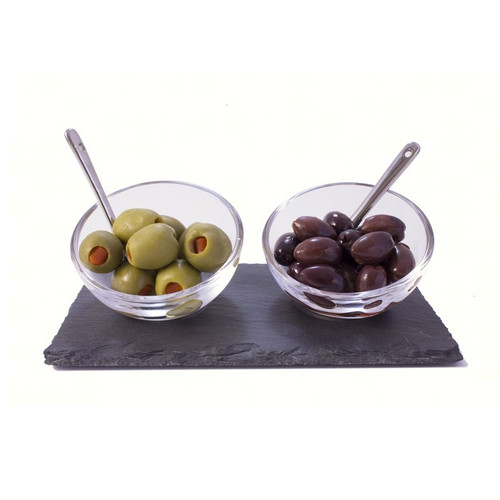 Set of 2 Clear Glass Bowls on Black Slate Tray 8.25" - IMAGE 1