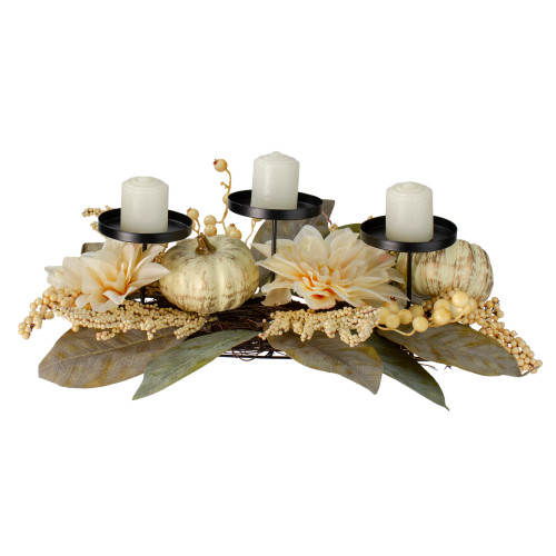 Dahlia and Pumpkin Fall Harvest Candle Holder Centerpiece - 21" - IMAGE 1