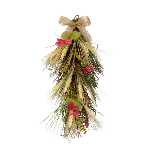 24" Autumn Harvest Wheat and Eucalyptus with Feathers Teardrop Swag - Unlit - IMAGE 1