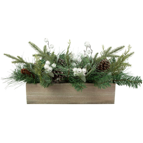 20" Pine Needle and Glitter Berries with Pine Cone Arrangement in a Wooden Box - IMAGE 1