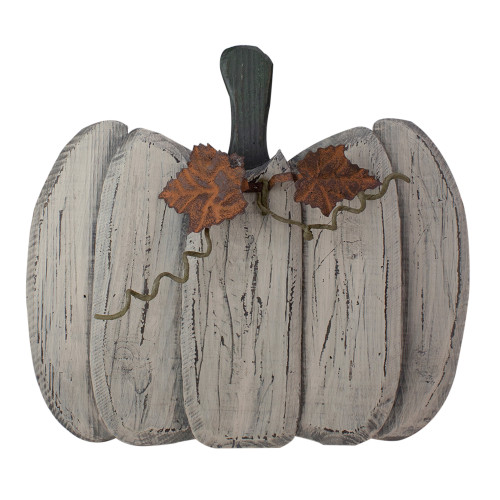 15" Small White Wooden Fall Harvest Pumpkin with Leaves and Stem - IMAGE 1