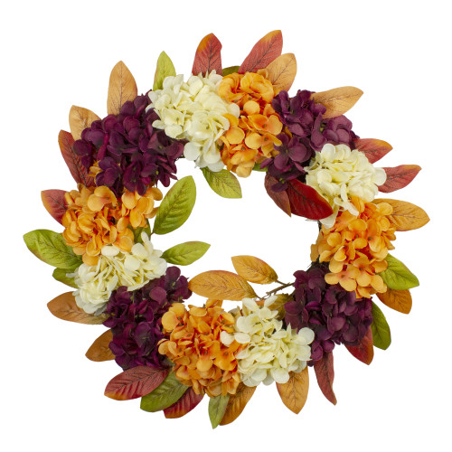 Hydrangeas and Leaves Twig Artificial Floral Wreath, Orange 20-Inch - IMAGE 1