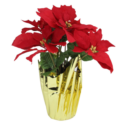 Artificial Christmas Poinsettia Arrangement in Wrapped Pot - 16" - Red and Gold - IMAGE 1