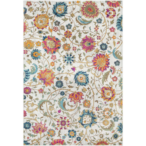 5'3” x 7'3” Oriental Floral White Polypropylene Rectangular Area Throw Rug - IMAGE 1