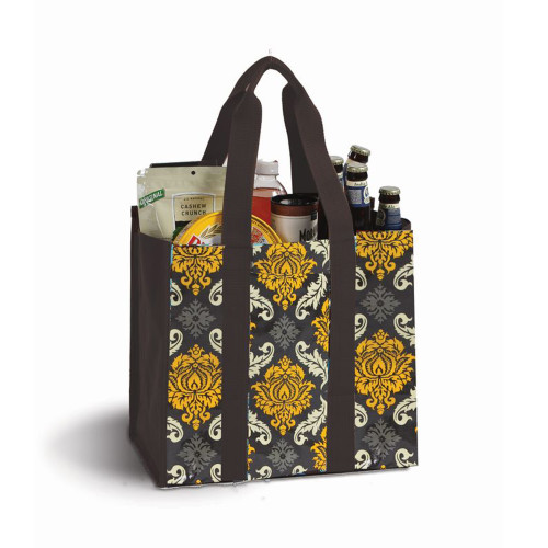 13" Laminated Canvas Reusable Tote Bag in Yellow and Brown Floral Print - IMAGE 1