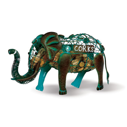14" Blue and Copper Patina Elephant Animal Wine Cork Caddy Holder - IMAGE 1