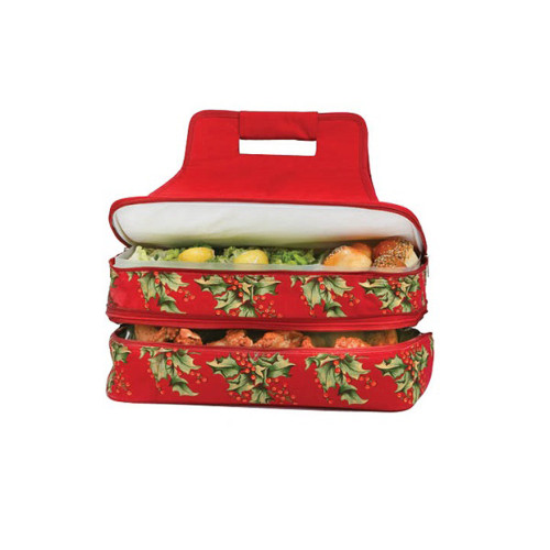 18" Insulated Red Holiday Holly Hot and Cold Christmas Lunch Tote Cooler - IMAGE 1