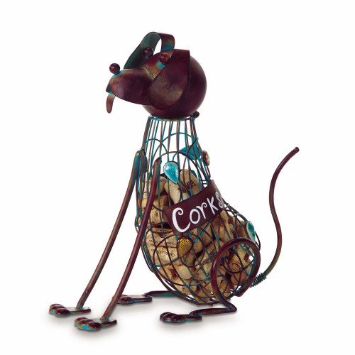 14" Decorative Blue and Copper Patina Dog Animal Wine Cork Caddy Holder - IMAGE 1