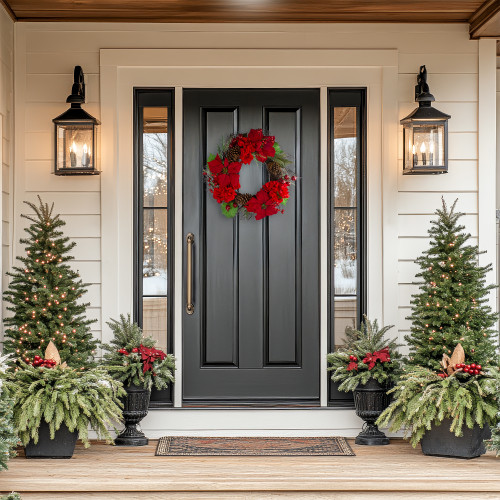 Poinsettia and Hydrangea Artificial Christmas Wreath - 24" - Unlit - IMAGE 1