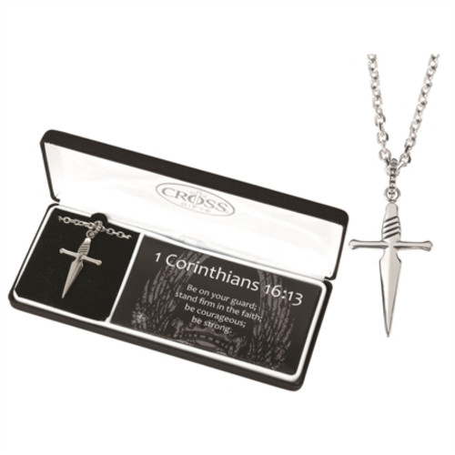 24" Silver and Black "1 Corinthians 16:13" Printed Men's Sword Cross Necklace with Deluxe Box - IMAGE 1