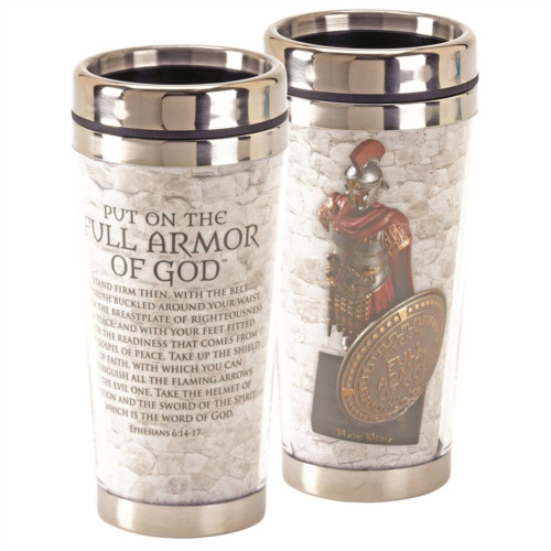 7" Silver and Beige "PUT ON THE FULL ARMOR OF GOD" Printed 16 oz Travel Mug - IMAGE 1