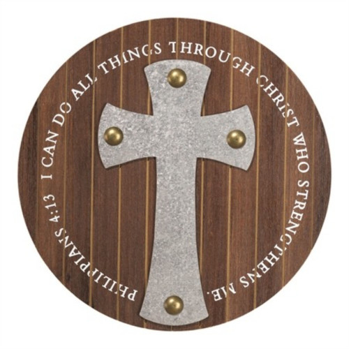 11.5" Brown and Gray Philippians 4:13 Verse Printed Round Wall Plaque - IMAGE 1