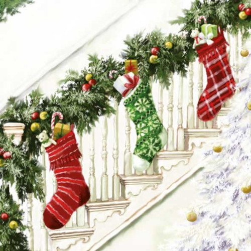 Pack of 60 Christmas Stockings on Staircase 3-Ply Lunch Napkins 6.5" - IMAGE 1