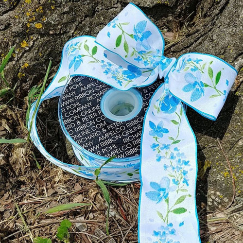 Blue and White Floral Ribbon 1.5" x 27 Yards - IMAGE 1