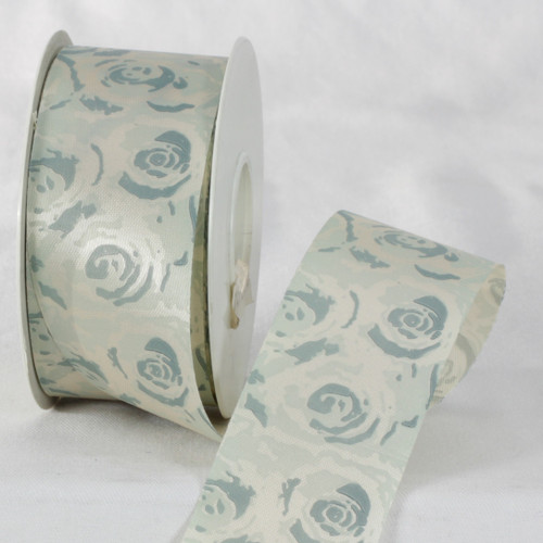 Sage Green and Cream White Floral Ribbon 1.5" x 27 Yards - IMAGE 1