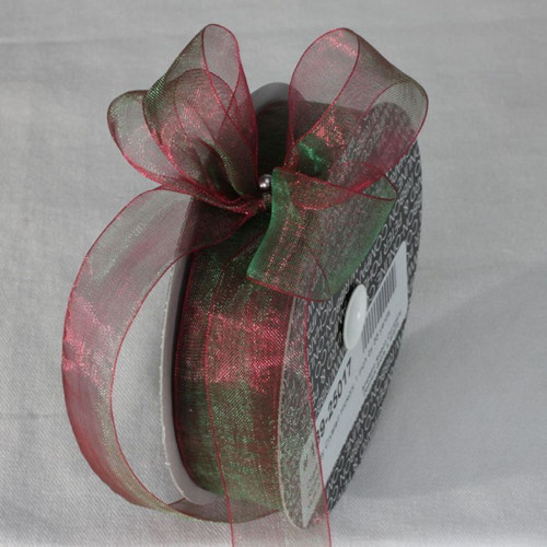 Hickory Red and Green Shimmering Crystal Organdy Ribbon 1" x 55 Yards - IMAGE 1