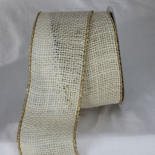 Ivory White and Gold Colored Wired Edge Burlap Ribbon 2.75" x 11 Yards - IMAGE 1