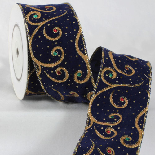 Navy Blue and Gold Colored Swirl Printed Craft Ribbon 3" x 22 Yards - IMAGE 1