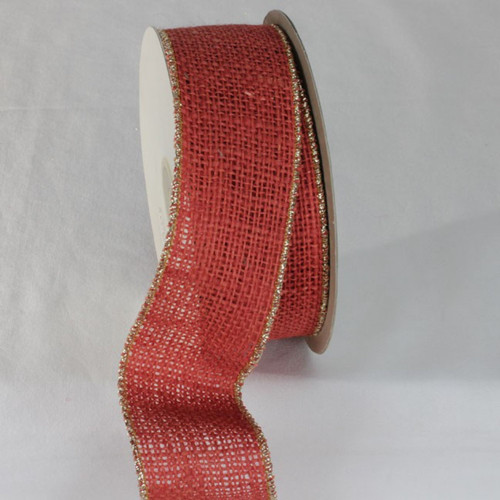 Apple Red and Gold Colored Wired Edge Burlap Ribbon 2" x 11 Yards - IMAGE 1