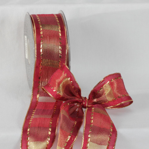 Gold Colored and Burgundy Red Wired Woven Ribbon 1.5" x 27 Yards - IMAGE 1