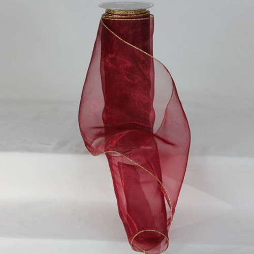 Burgundy Red and Gold Colored Edge Wired Craft Organza Ribbon 9" x 27 Yards - IMAGE 1