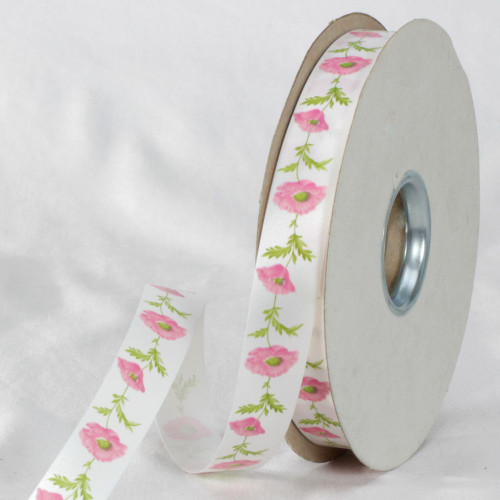 White and Pink Floral Printed Ribbon 0.75" x 110 Yards - IMAGE 1