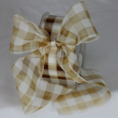 Brown and White Sheer Gingham Organza Cut Edge Craft Ribbon 2" x 55 Yards - IMAGE 1