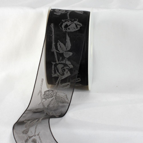 Black and Gray Mourning Sorrow Roses Ribbon 2" x 22 Yards - IMAGE 1