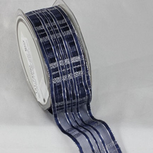 Navy Blue and Silver Colored Plaid Patterned French Wired Craft Ribbon 1.5" x 25 Yards - IMAGE 1