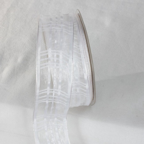 White Plaid Patterned French Wired Craft Ribbon 1.5" x 25 Yards - IMAGE 1