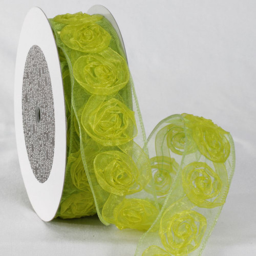 Green Sheer Elegance Roses Wired Craft Ribbon 1.5" x 11 Yards - IMAGE 1