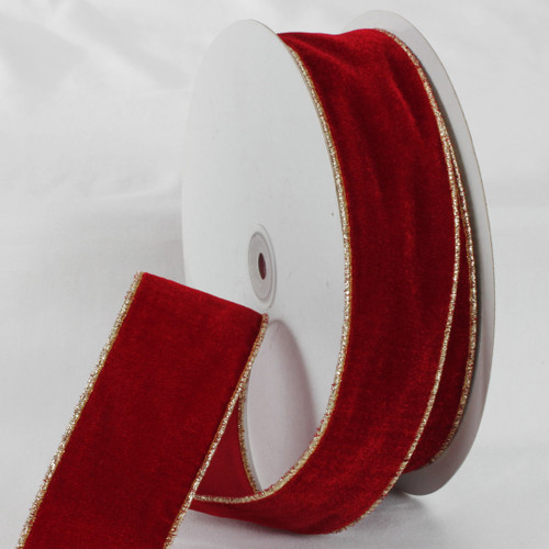 Scarlet Red and Gold Colored Woven Edge Soft Velvet Ribbon 2" x 20 Yards - IMAGE 1