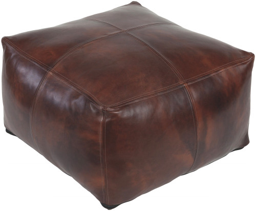 22" Dark Brown Patched Leather Square Pouf Ottoman with Knife Edges - IMAGE 1