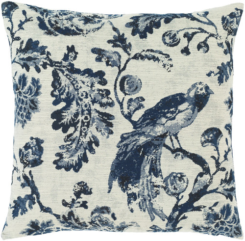 22" Blue and White Bird on Branch Printed Square Throw Pillow - Down Filled - IMAGE 1