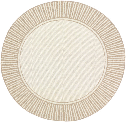 5'3" Alfresco Beige and Brown Stripe Border Patterned Round Synthetic Area Throw Rug - IMAGE 1