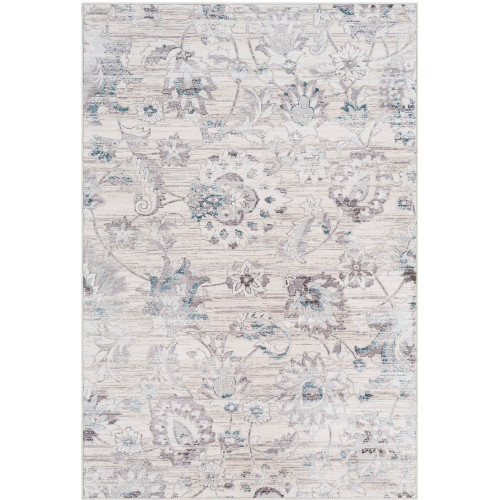 5'3" x 7'6" Distressed Floral Silver Gray and White Rectangular Polyester Area Throw Rug - IMAGE 1