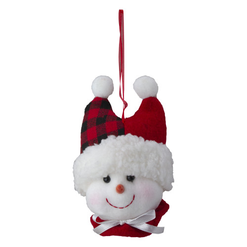 4.5" Snowman In a Red and Black Flannel Hat With a White Bow Christmas Ornament - IMAGE 1