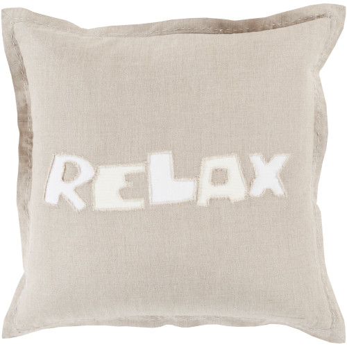 20" Beige and White "RELAX" Square Throw Pillow Cover - IMAGE 1