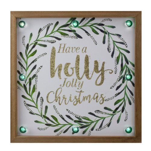 11.75" Lighted "Holly Jolly" with a Green Wreath Wood Christmas Plaque - IMAGE 1