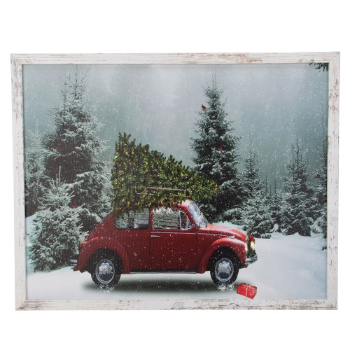19" White Distressed Frame Red Vintage VW Car LED Lighted Christmas Canvas - IMAGE 1