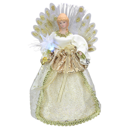 12" Lighted Gold and Ivory Angel Tree Topper - Multicolor Fiber Optic Lights - IMAGE 1