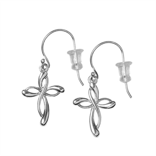 0.75" Silver Plated Ribbon Cross Wired Religious Earrings - IMAGE 1