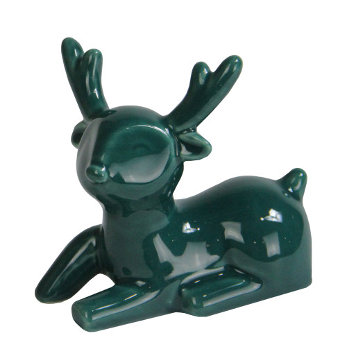Petite Shiny Ceramic Christmas Deer Figurine - 3.5" - Green - IMAGE 1