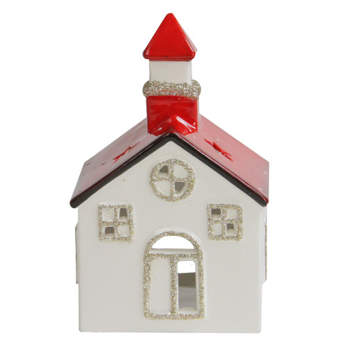 6" White and Red Ceramic Church Flameless Christmas Candle Holder - IMAGE 1