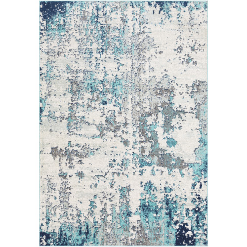 6'7” x 9' Distressed Finished White, Gray and Blue Synthetic Area Throw Rug - IMAGE 1