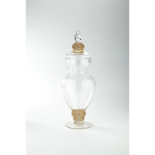15" Clear and Gold Beaded Glass Jar with Finial Lid - IMAGE 1