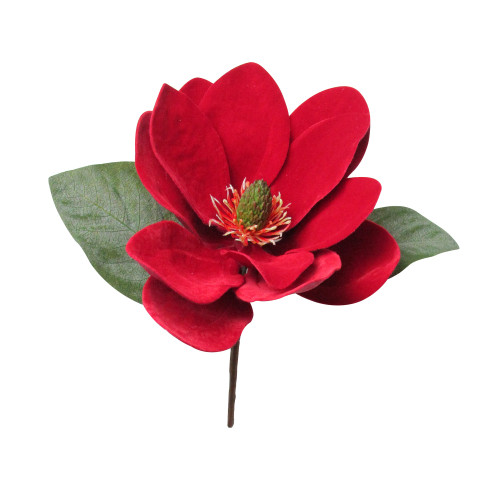 11" Red and Green Artificial Magnolia Christmas Pick - IMAGE 1