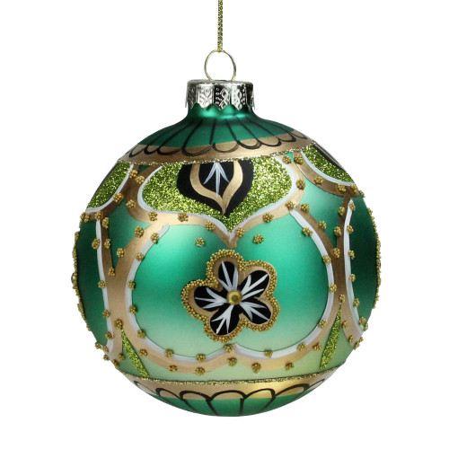4" Green Gold and Black Floral Bead and Jewel Glass Ball Christmas Ornament - IMAGE 1